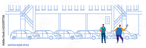 seller man with buyer car purchase sale or rental concept cars dealership center showroom building interior sketch flow style full length horizontal banner vector illustration