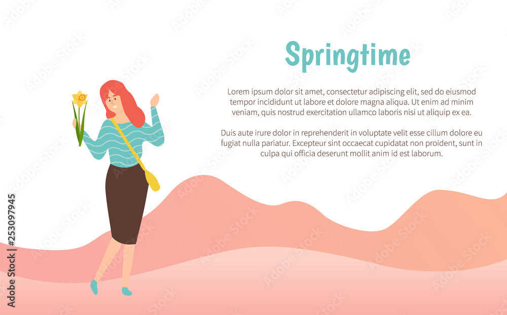 Happy woman walking with flower, girl wearing skirt, blouse and handbag. Springtime postcard or webpage decorated by smiling female holding blossom vector Happy woman walking with flower, girl wearing skirt, blouse and handbag. Springtime postcard or webpage decorated by smiling female holding blossom vector