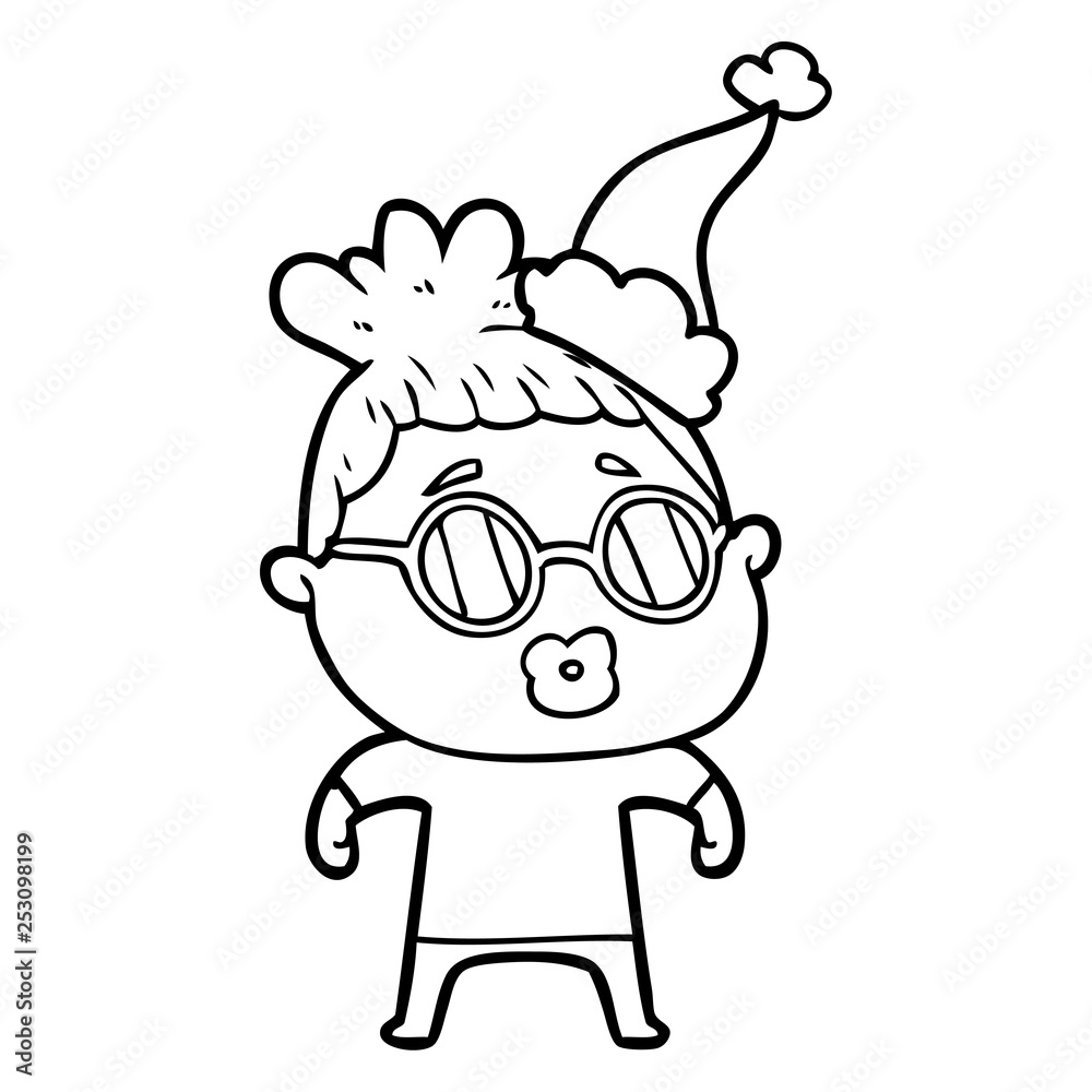 line drawing of a woman wearing spectacles wearing santa hat line drawing of a woman wearing spectacles wearing santa hat