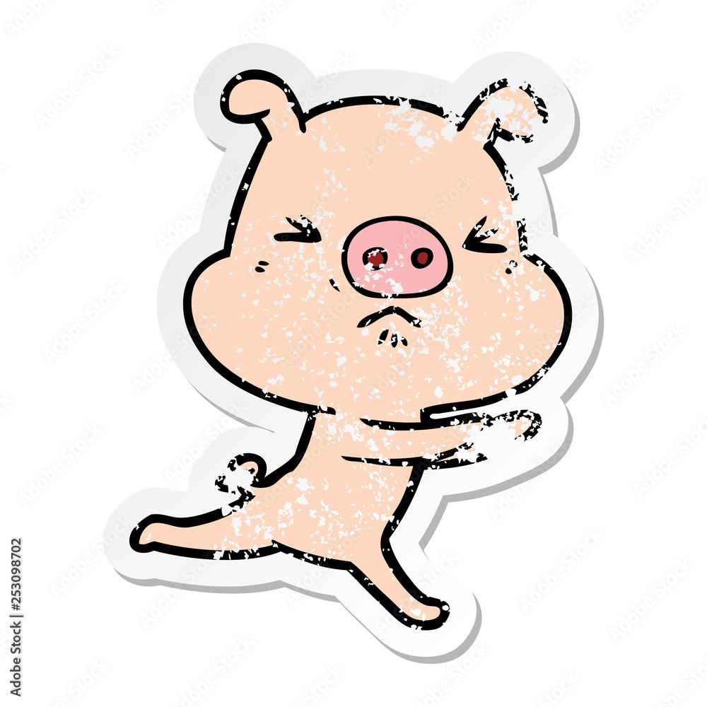 distressed sticker of a cartoon annoyed pig running distressed sticker of a cartoon annoyed pig running