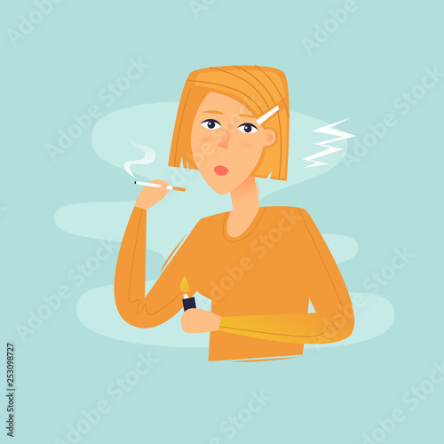 Woman smokes, bad habit, health. Flat design vector illustration.