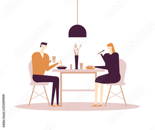 Family having dinner - flat design style colorful illustration