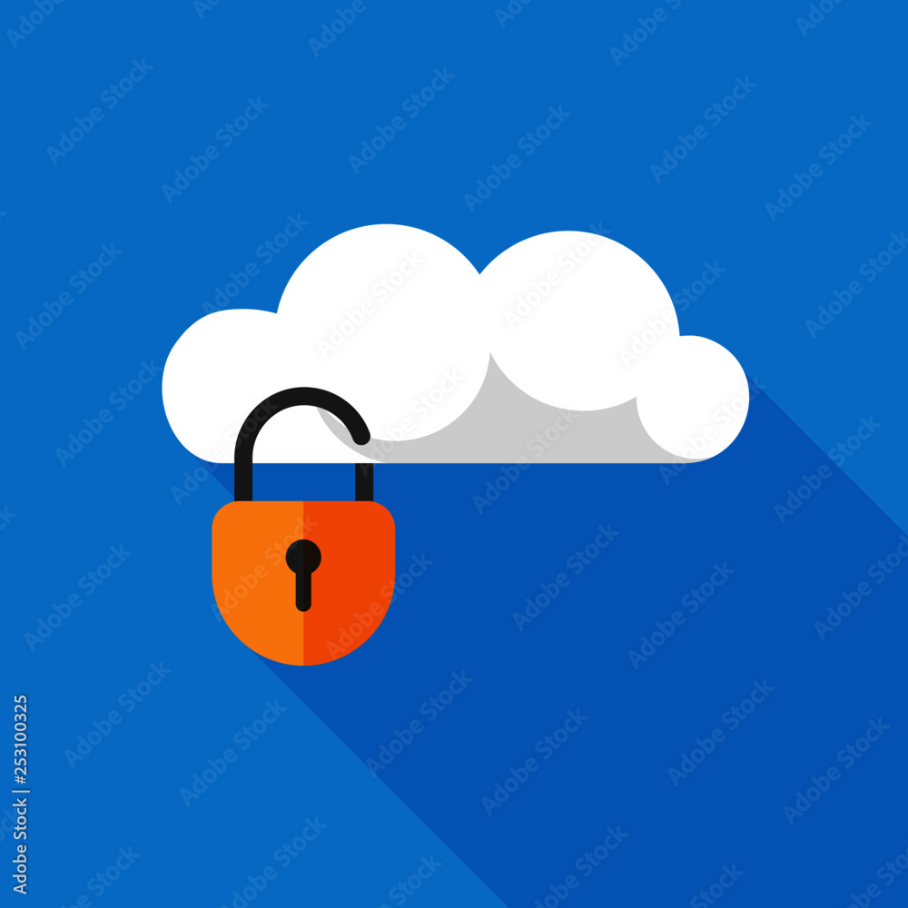 Flat design of cloud protection icon isolated on blue background. Concept of cloud computing and protecting data. Vector Illustration of clouds and padlock. Flat design of cloud protection icon isolated on blue background. Concept of cloud computing and protecting data. Vector Illustration of clouds and padlock.