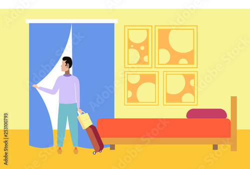 businessman with luggage in hotel room successful businessman looking at window arriving to business trip modern bedroom interior flat horizontal full length vector illustration