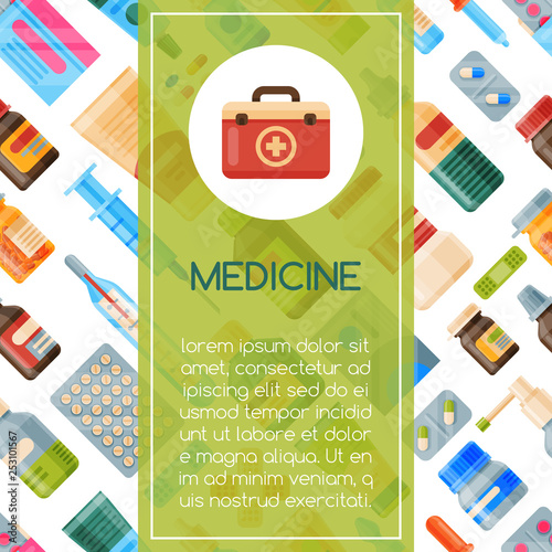 Medicine seamless pattern vector illustration. Medicine, pharmacy, hospital set of drugs with labels. Medication, pharmaceutics concept. Different medical pills and bottles.