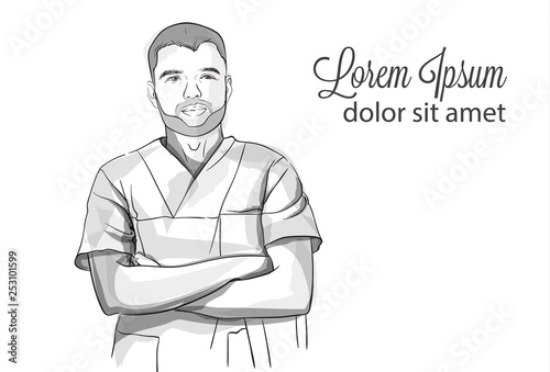 Succesful self confident doctor smiling Vector sketch storyboard. Detailed character illustrations