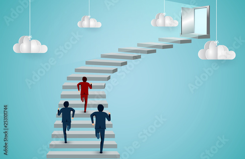 Businessmen are competition running up the stair to the door. go to success goal. business finance concept. creative idea. leadership concept. startup. illustration cartoon vector