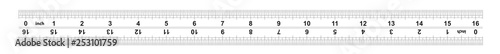 Ruler bidirectional 16 inches. The division price is 1/32 inch. Precise measuring tool. Calibration grid.