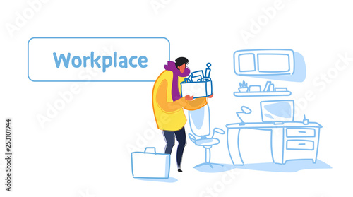 casual business man holding box with office stuff recruitment new job workplace concept vacancy position modern office interior sketch flow style horizontal