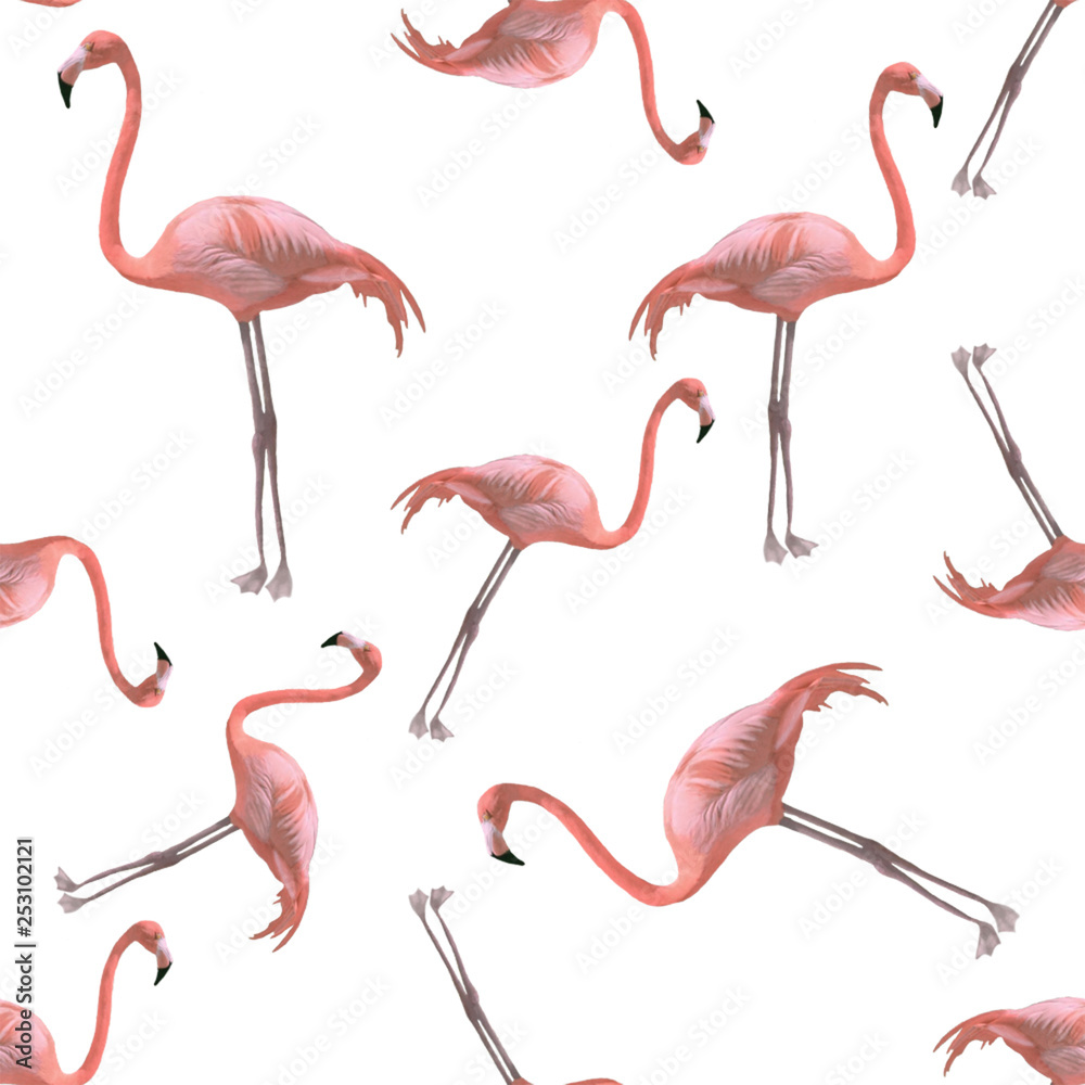Fototapeta premium Pink flamingo watercolor seamless pattern on white background