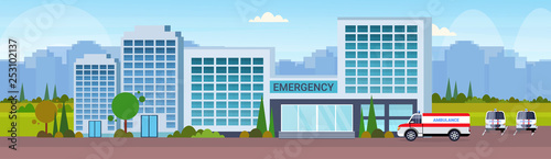 modern hospital building with ambulance car medical clinic exterior cityscape background flat horizontal banner vector illustration