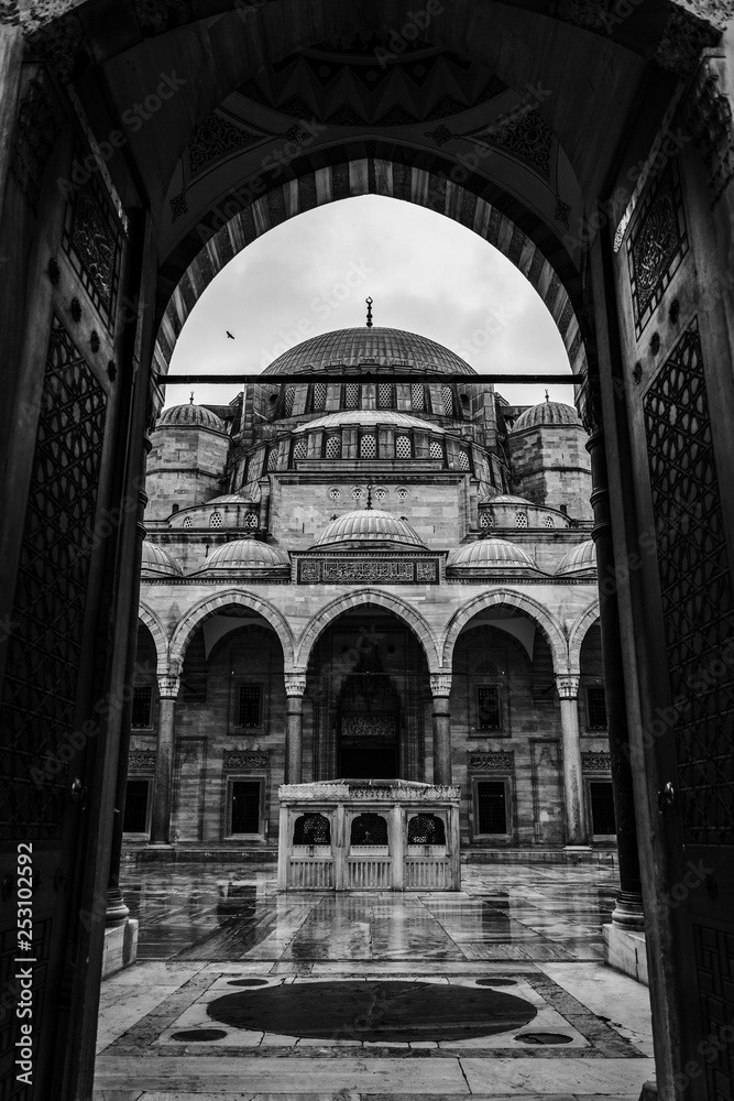 Suleymaniye Mosque in Istanbul, Turkey at rainy day. Black and white toned
