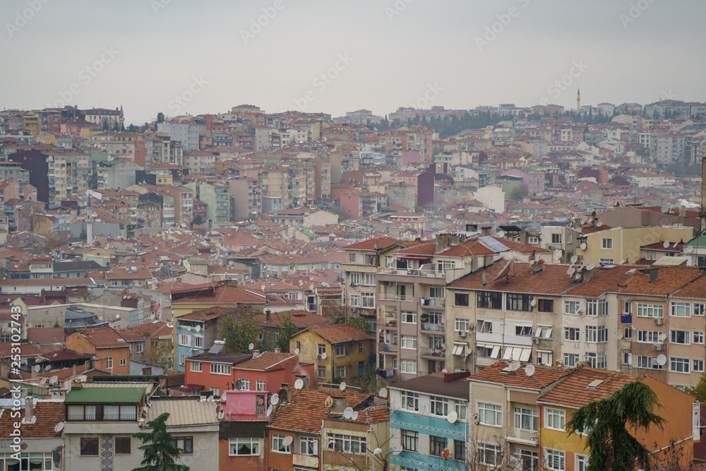 Aerial panorama view to Istanbul, Turkey. Dramatic sky over the city