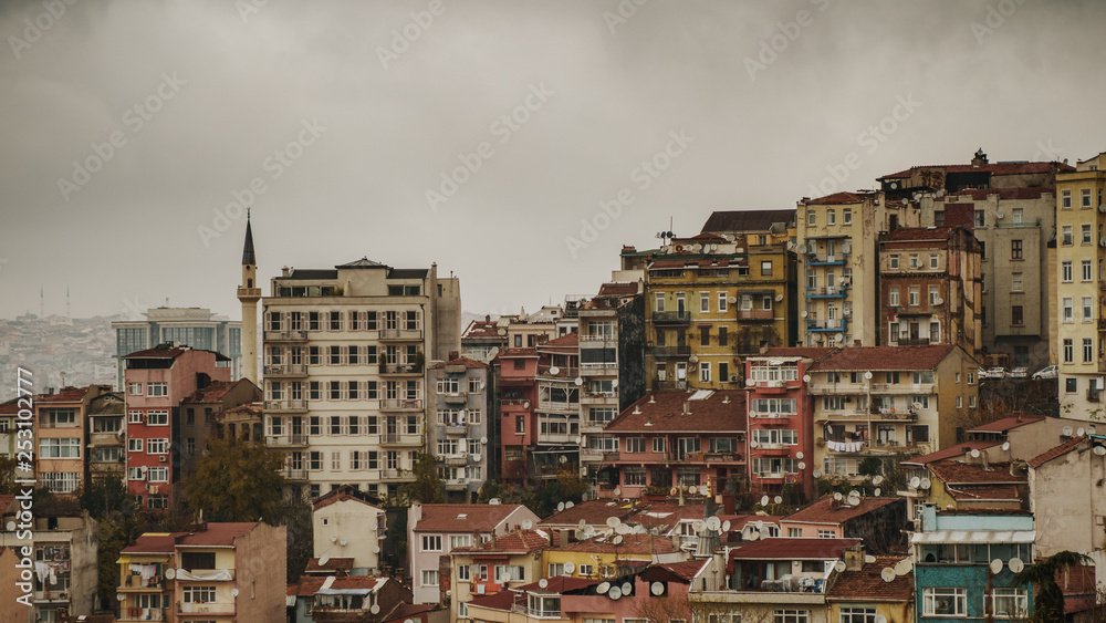Aerial panorama view to Istanbul, Turkey. Dramatic sky over the city