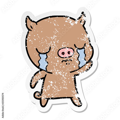 distressed sticker of a cartoon pig crying waving goodbye