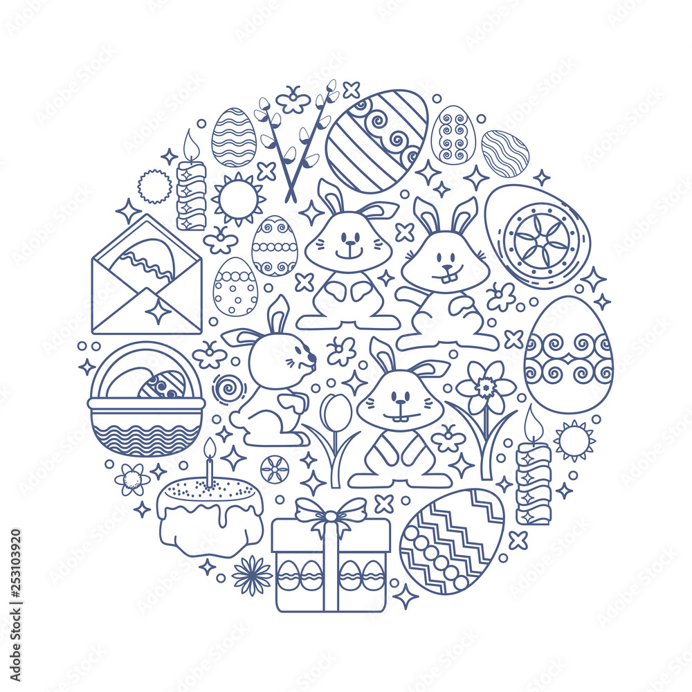 Fototapeta premium Easter elements arranged in circle. Vector Bunny, gift, egg.