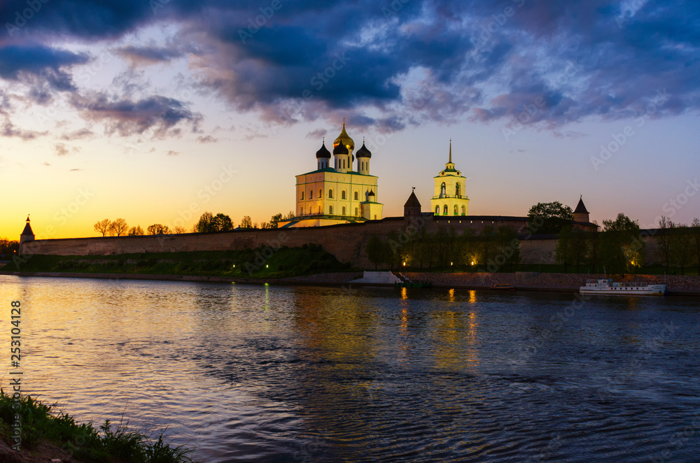 Trinity cathedral Pskov. Pskov Kremlin Russia. Ancient fortress on the river bank.