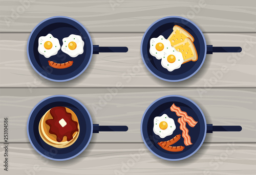 set fried eggs with pancakes and sausages