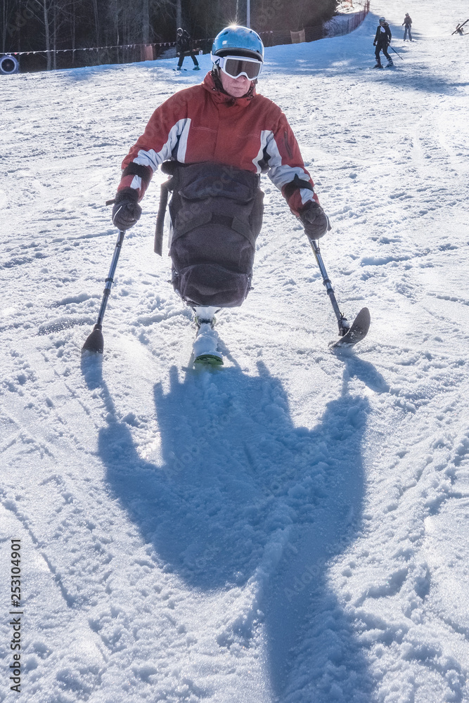 handicapped athlete goes mono ski downhill skiing, winter sports for people Photo | Adobe Stock