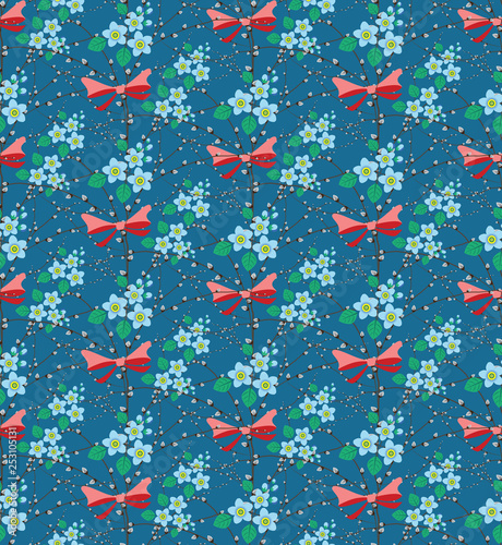 spring seamless pattern with branches of willow and forget-me-nots