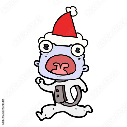 line drawing of a weird alien running away wearing santa hat