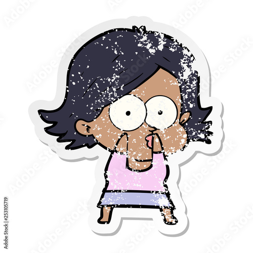 distressed sticker of a cartoon girl pouting