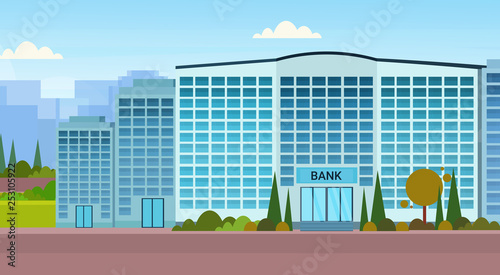 modern bank building facade with glass wall front view of financial institution entrance office exterior cityscape background horizontal