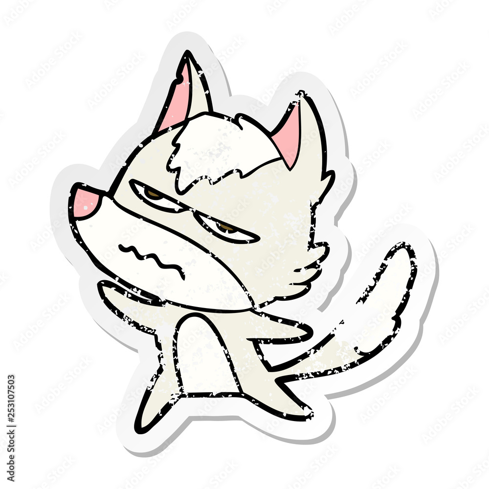 distressed sticker of a cartoon annoyed wolf distressed sticker of a cartoon annoyed wolf