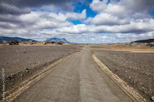 Gravel road to Herdubreid tuya mountain thru Odadahraun lava field Highlands of Iceland Scandinavia