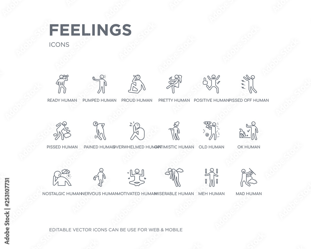Obraz premium simple set of feelings vector line icons. contains such icons as mad human, meh human, miserable human, motivated nervous nostalgic ok old optimistic and more. editable pixel perfect.