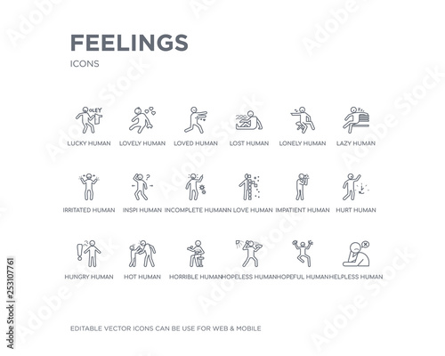 simple set of feelings vector line icons. contains such icons as helpless human, hopeful human, hopeless human, horrible hot hungry hurt impatient in love and more. editable pixel perfect.