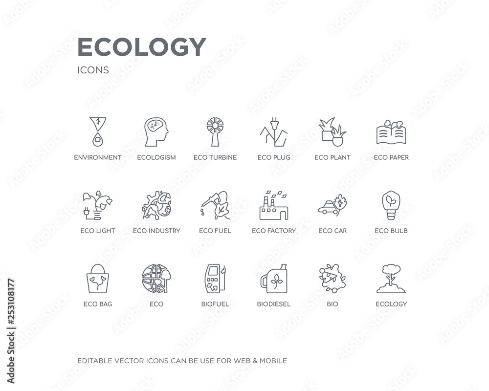 simple set of ecology vector line icons. contains such icons as ecology, bio, biodiesel, biofuel, eco, eco bag, eco bulb, car, factory and more. editable pixel perfect.