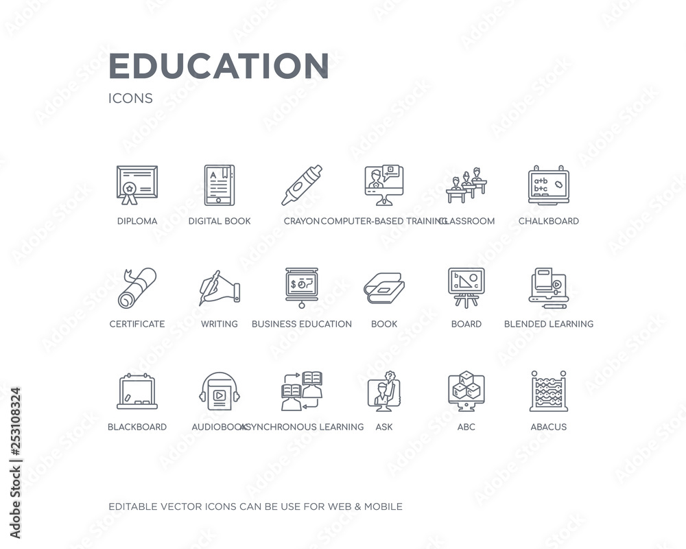 simple set of education vector line icons. contains such icons as abacus, abc, ask, asynchronous learning, audiobook, blackboard, blended learning, board, book and more. editable pixel perfect.