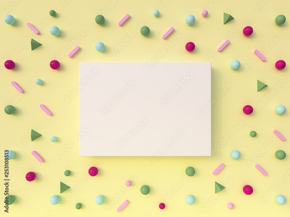 3d rendering. Geometric forms composition. Pink, green, red, blue shapes and white photo frame on a pastel yellow background.  Flat lay, top view, front view, copy space. Pastel colors. Abstract.