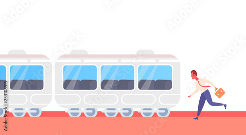 businessman running to catch train subway city public transport underground tram hurry up late concept male cartoon character full length horizontal