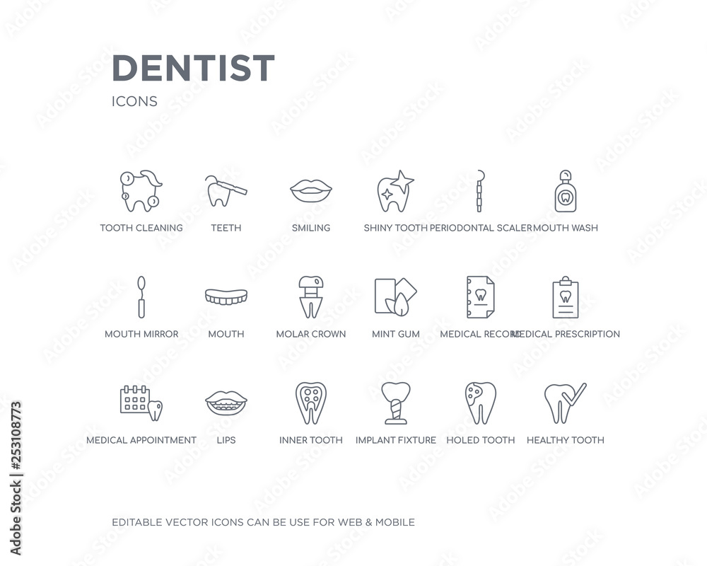 simple set of dentist vector line icons. contains such icons as healthy tooth, holed tooth, implant fixture, inner tooth, lips, medical appointment, medical prescription, medical record, mint gum