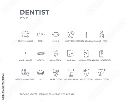 simple set of dentist vector line icons. contains such icons as healthy tooth, holed tooth, implant fixture, inner tooth, lips, medical appointment, medical prescription, medical record, mint gum