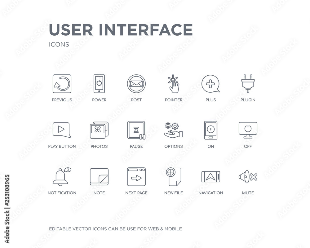 simple set of user interface vector line icons. contains such icons as mute, navigation, new file, next page, note, notification, off, on, options and more. editable pixel perfect. simple set of user interface vector line icons. contains such icons as mute, navigation, new file, next page, note, notification, off, on, options and more. editable pixel perfect.