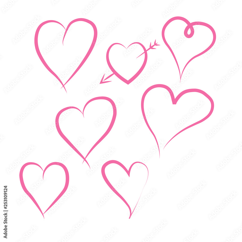 A set of painted hearts isolated on a white background A set of painted hearts isolated on a white background