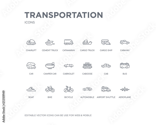 simple set of transportation vector line icons. contains such icons as aeroplane, airport shuttle, automobile, bicycle, bike, boat, bus, cab, caboose and more. editable pixel perfect.