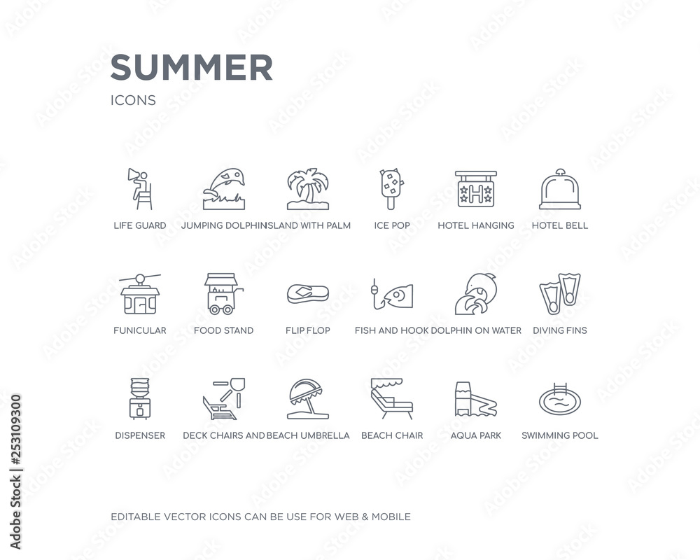 Naklejka premium simple set of summer vector line icons. contains such icons as swimming pool, aqua park, beach chair, beach umbrella, deck chairs and sun, dispenser, diving fins, dolphin on water waves, fish and