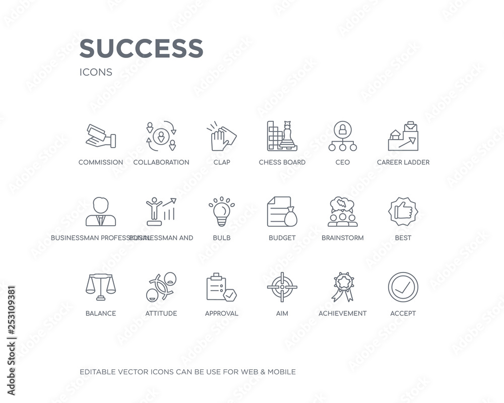 simple set of success vector line icons. contains such icons as accept, achievement, aim, approval, attitude, balance, best, brainstorm, budget and more. editable pixel perfect.