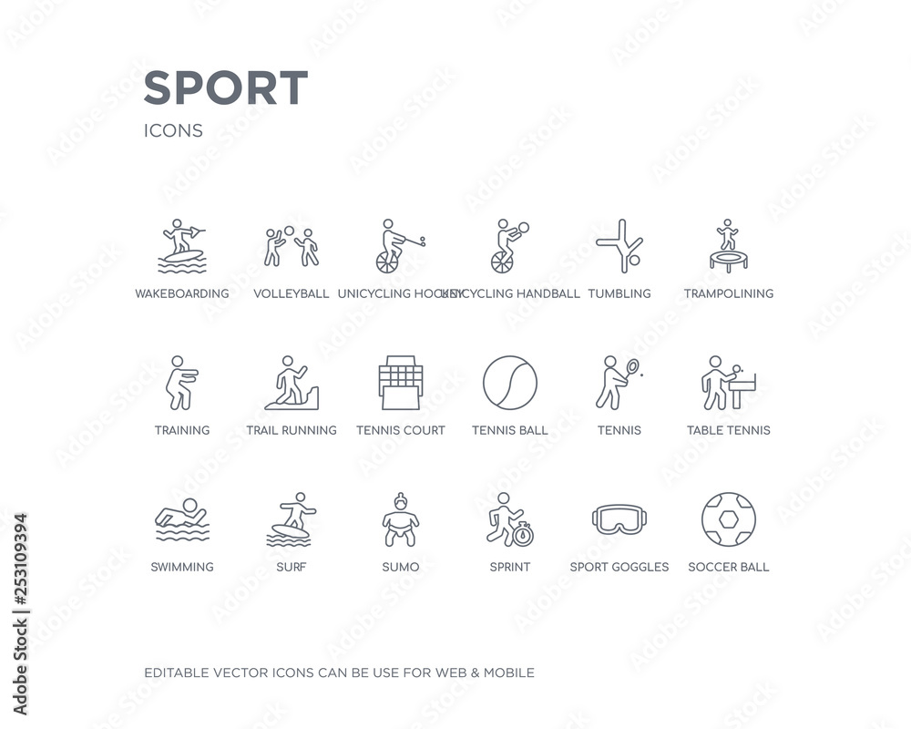 simple set of sport vector line icons. contains such icons as soccer ball, sport goggles, sprint, sumo, surf, swimming, table tennis, tennis, tennis ball and more. editable pixel perfect.