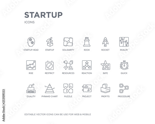 simple set of startup vector line icons. contains such icons as procedure, profits, project, puzzle, pyramid chart, quality, quick, rate, reaction and more. editable pixel perfect.