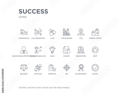 simple set of success vector line icons. contains such icons as accept, achievement, aim, approval, attitude, balance, best, brainstorm, budget and more. editable pixel perfect.