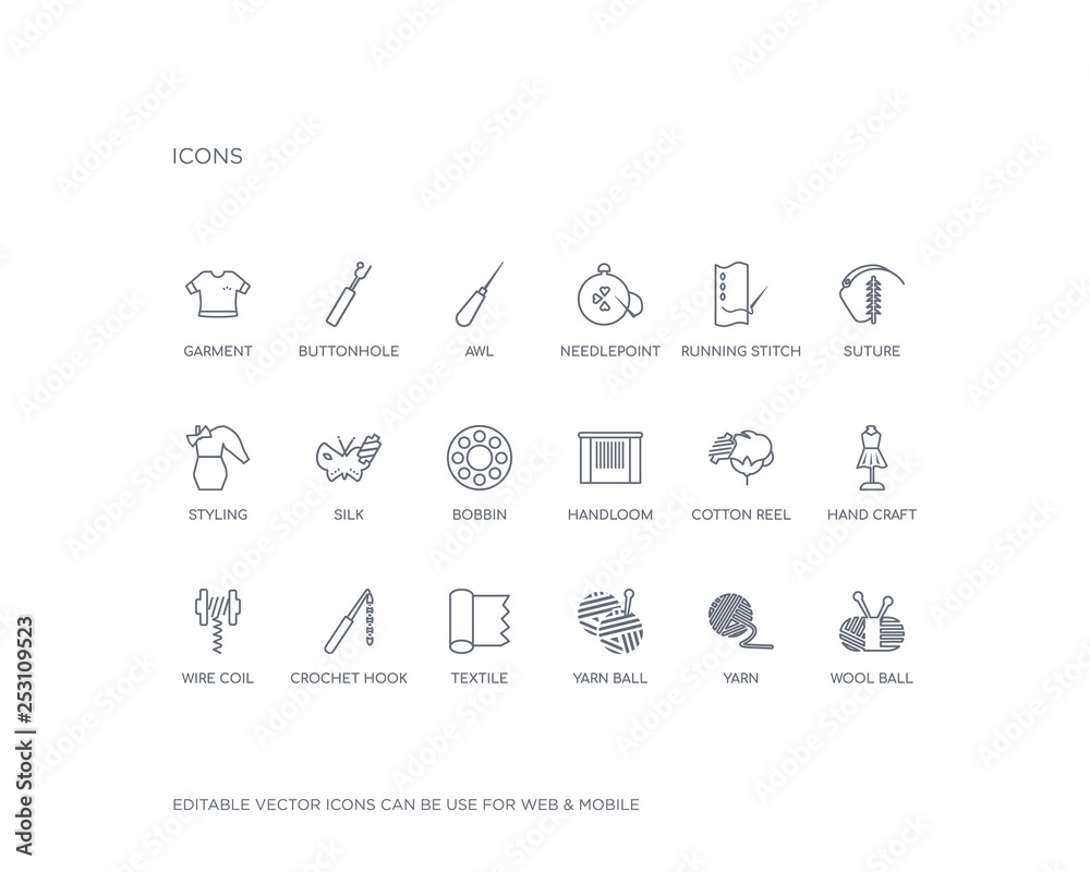 simple set of sew vector line icons. contains such icons as wool ball, yarn, yarn ball, textile, crochet hook, wire coil, hand craft, cotton reel, handloom and more. editable pixel perfect.