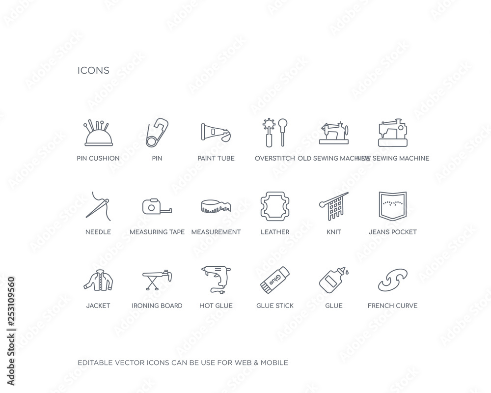 simple set of sew vector line icons. contains such icons as french curve, glue, glue stick, hot glue, ironing board, jacket, jeans pocket, knit, leather and more. editable pixel perfect.