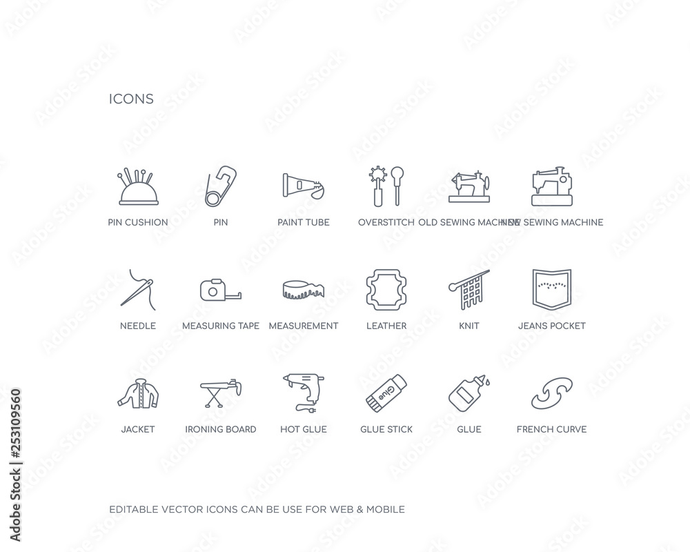 simple set of sew vector line icons. contains such icons as french curve, glue, glue stick, hot glue, ironing board, jacket, jeans pocket, knit, leather and more. editable pixel perfect. simple set of sew vector line icons. contains such icons as french curve, glue, glue stick, hot glue, ironing board, jacket, jeans pocket, knit, leather and more. editable pixel perfect.