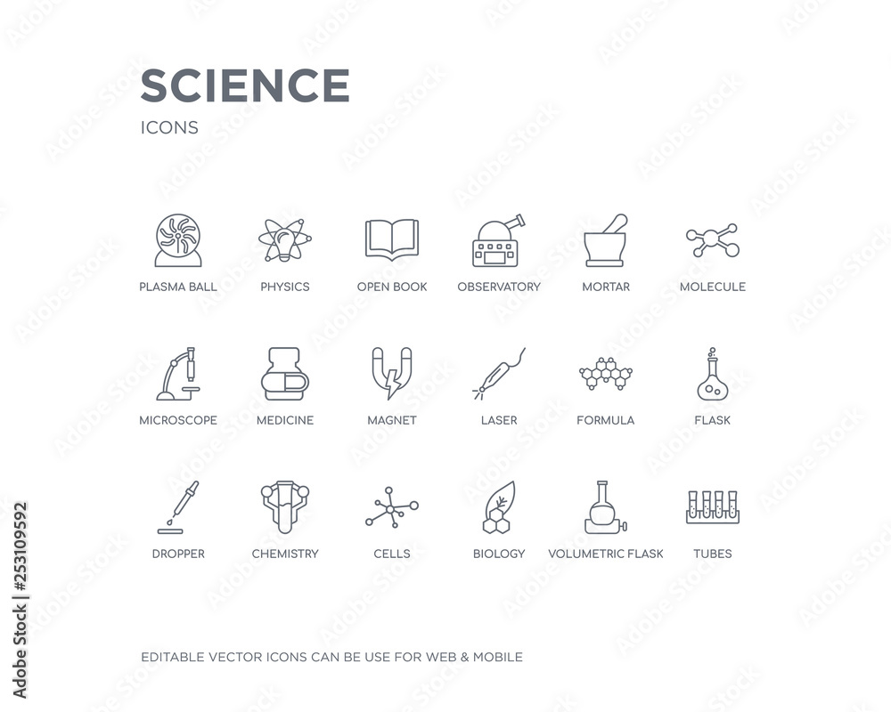 simple set of science vector line icons. contains such icons as tubes, volumetric flask, biology, cells, chemistry, dropper, flask, formula, laser and more. editable pixel perfect.