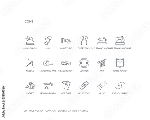simple set of sew vector line icons. contains such icons as french curve, glue, glue stick, hot glue, ironing board, jacket, jeans pocket, knit, leather and more. editable pixel perfect.